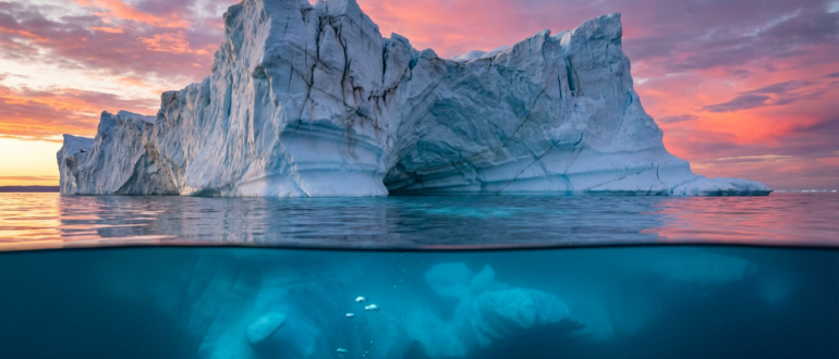 Величественный айсберг дрейфует в полярных водах — лишь десятая часть видна над поверхностью