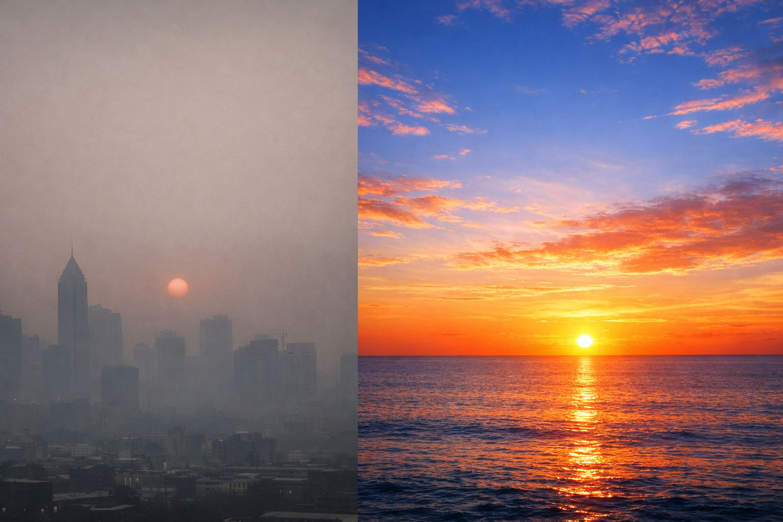 Слева: городской пейзаж, где заря приглушена и серовата из-за смога и светового загрязнения. Справа: нетронутый океанский горизонт с ярким, чистым и красочным восходом солнца