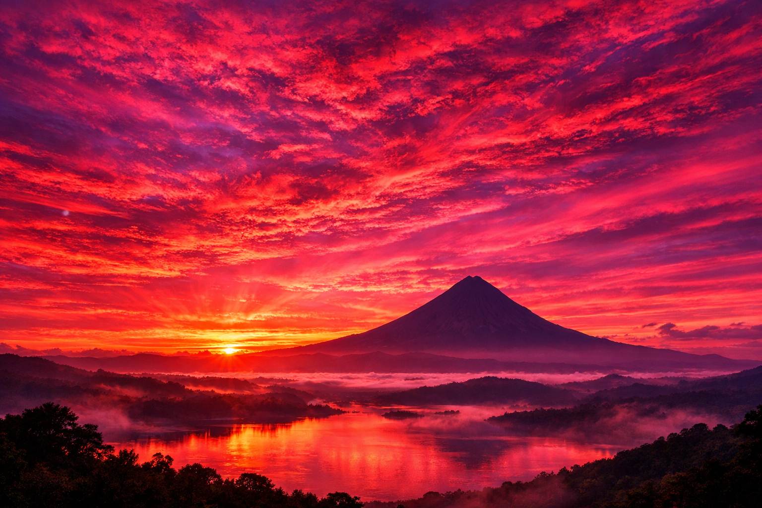 Необычайно яркая и интенсивная заря над пейзажем с силуэтом далекого вулкана