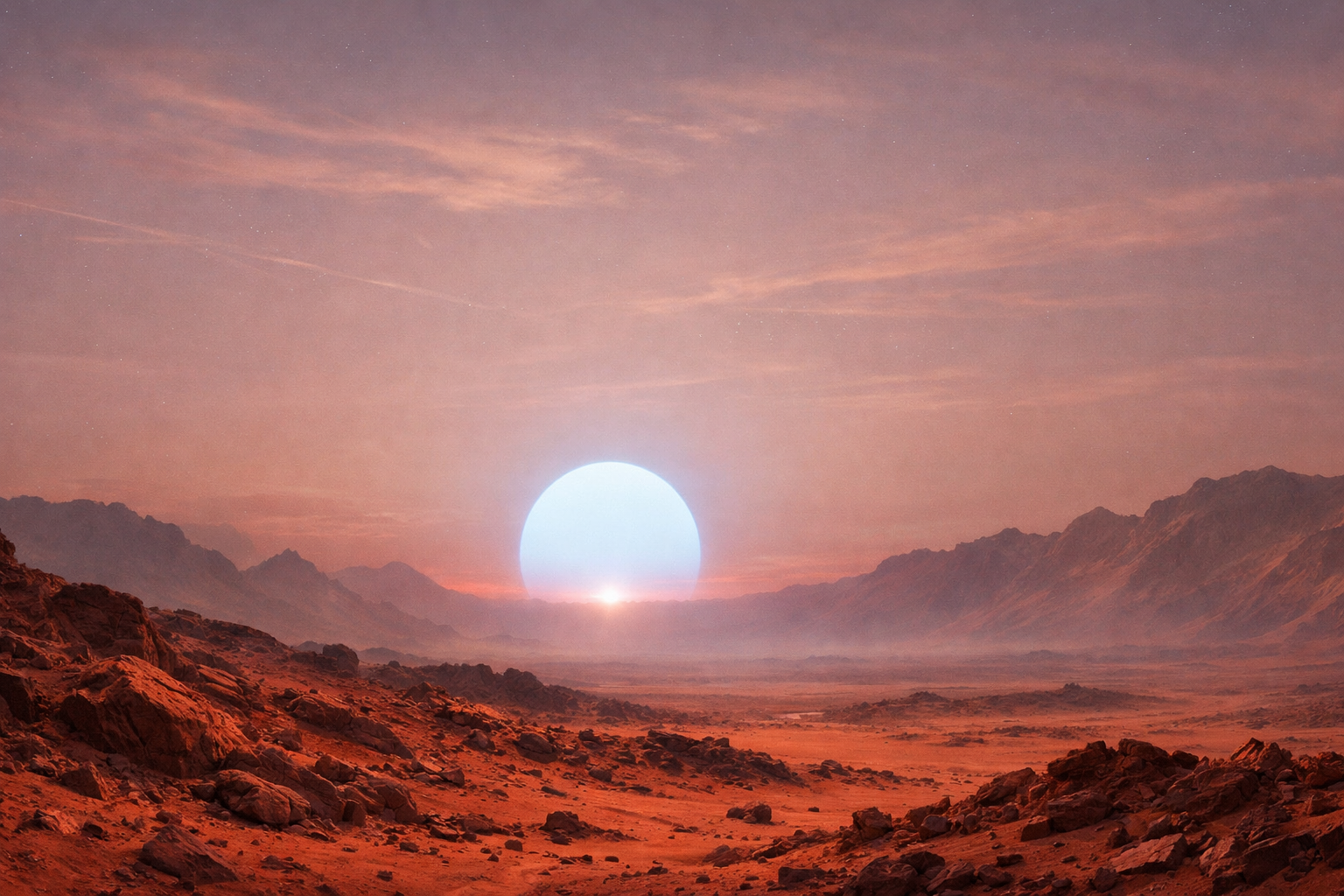 Футуристическое и научно-вдохновленное изображение восхода солнца на Марсе